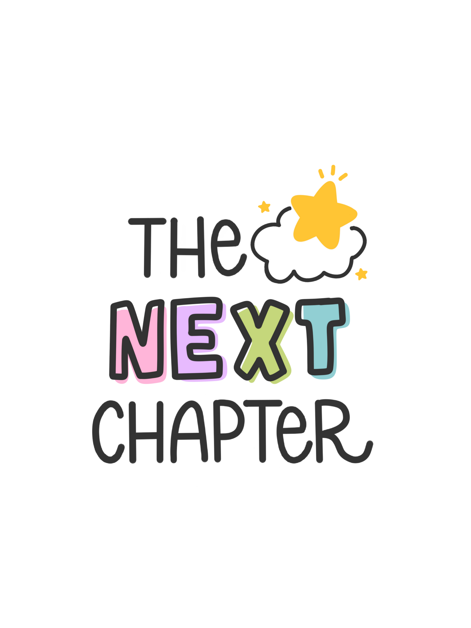 Text 'The Next Chapter' with colorful letters and a yellow star on a white background